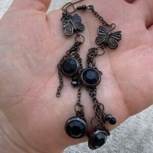DANGLING BUTTERFLY EARRINGS WITH BLACK JEWELS Chipped Wing